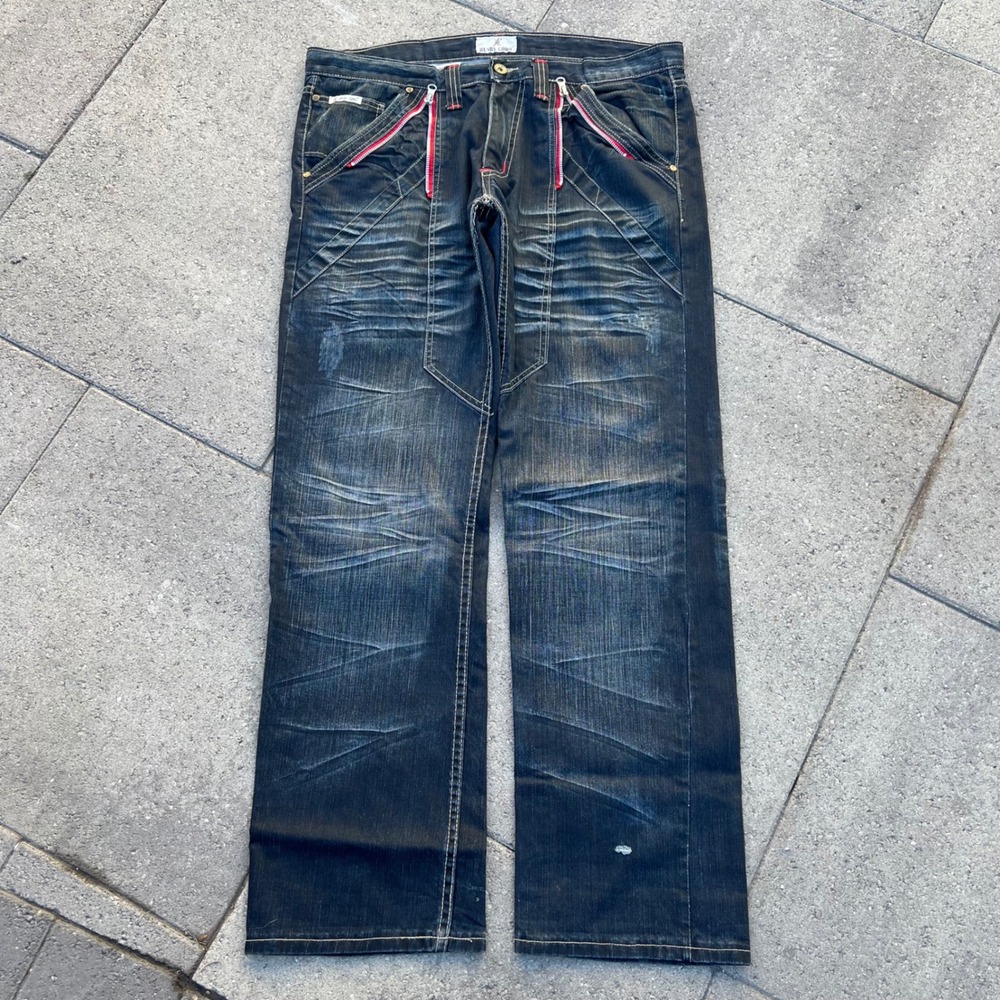 Henry Como Mens Dark Wash Red Zipper Accent Whiskered Y2K Denim Jeans Size 38